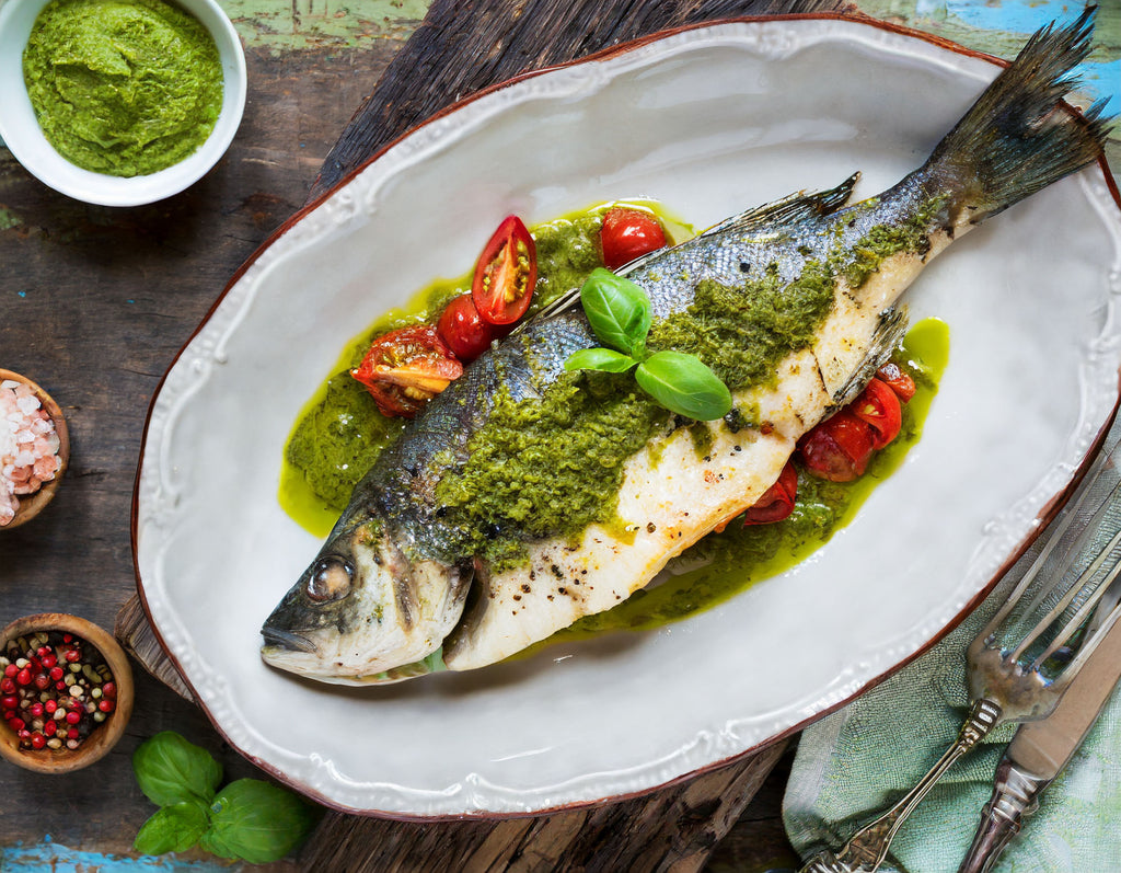 Grilled Chilean Sea Bass with Garlic Butter and Oregano Pesto