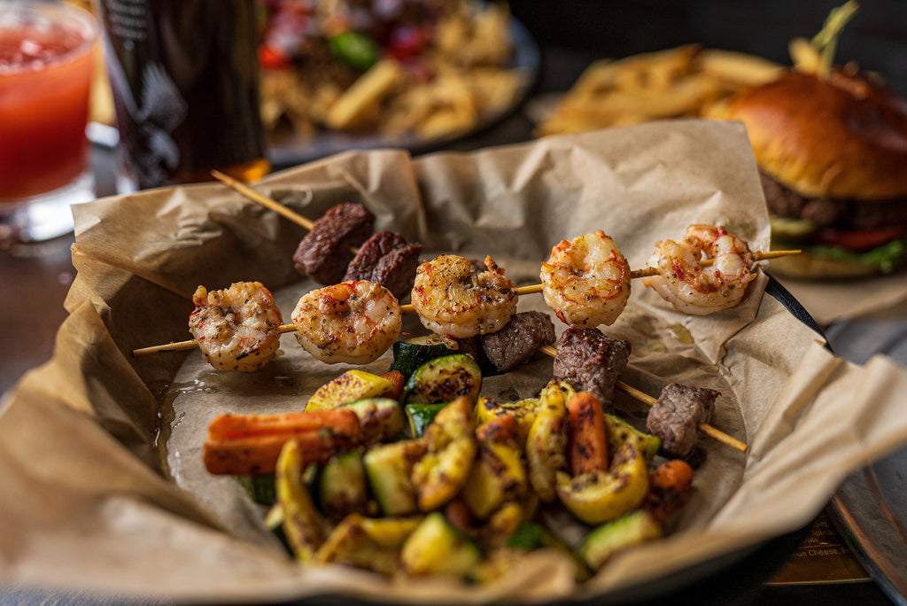 Spicy Steak and Shrimp Kabobs with Pina Colada Sauce